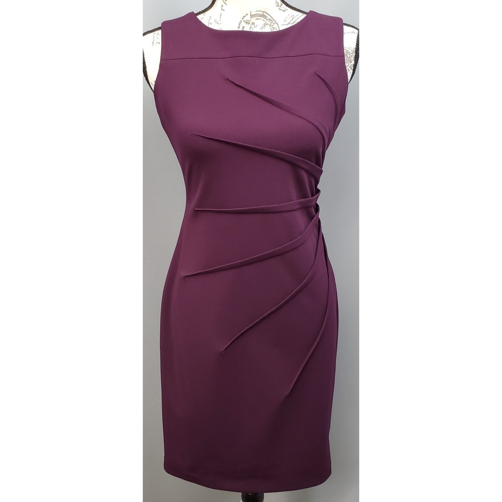 Calvin Klein Sheath Dress Womens Petite 4P Purple Side Ruched Career Cocktail
